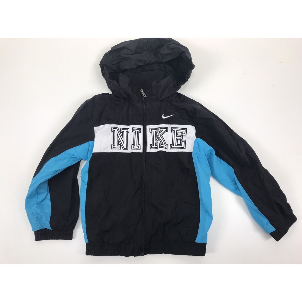 Nike Spellout Windbreaker Jacket Hidden Hood Mesh Lined Youth Size 5 Black Blue